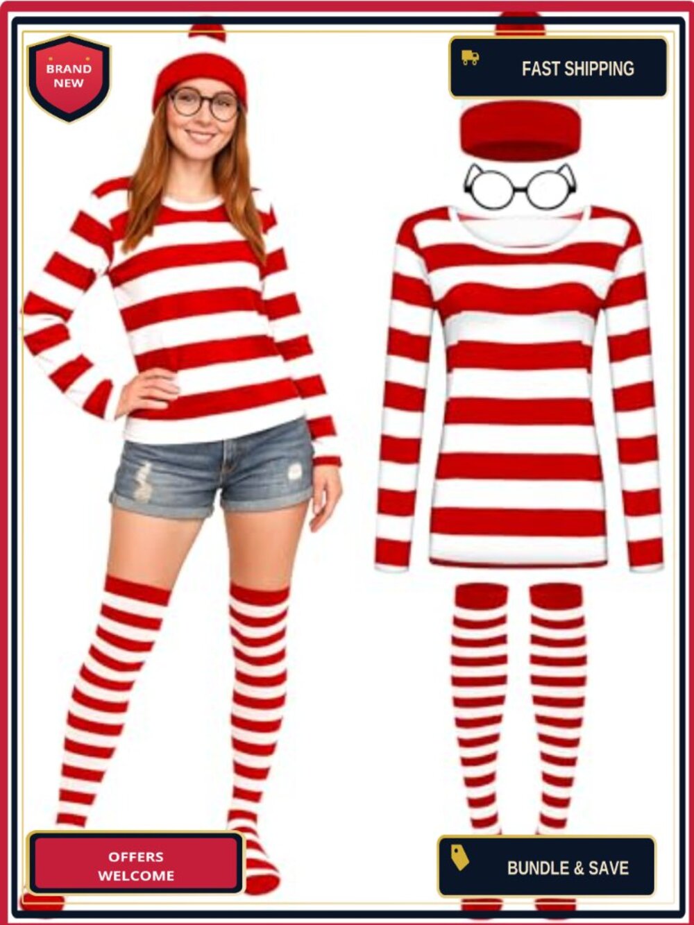 Halloween Costume Set Striped Shirt Beanie Glasses Socks Cosplay
